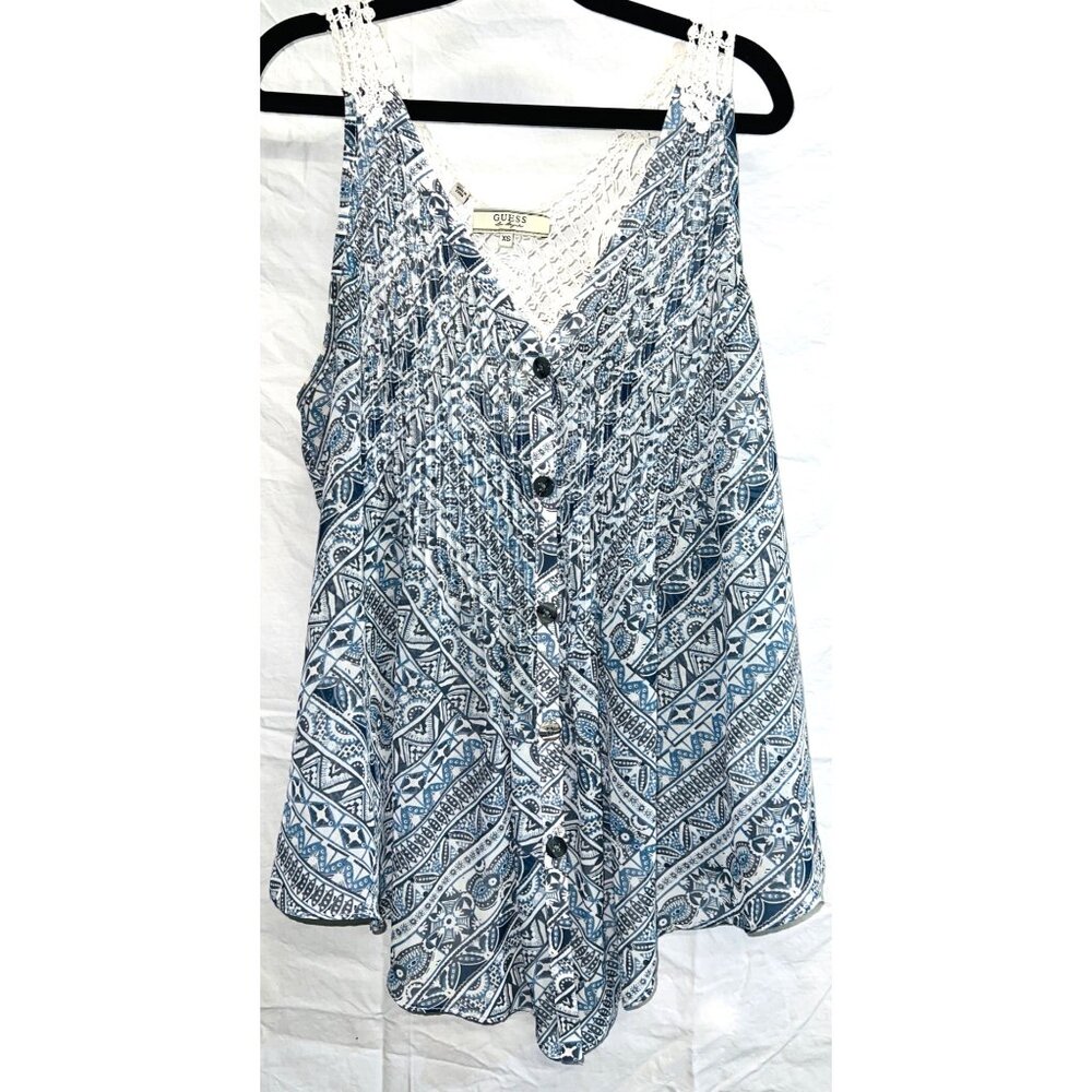 Guess Los Angeles XS Blue White Crochet Sleeveless Tank Top Button Front V Neck
